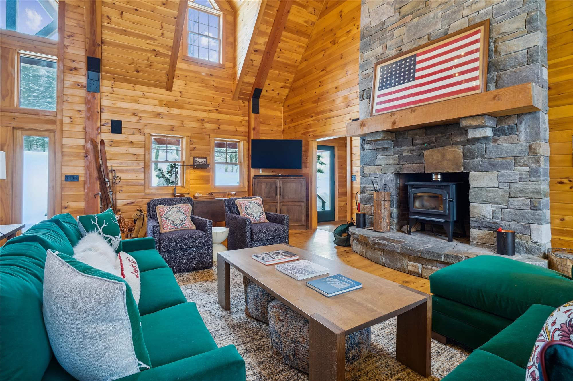 Great ambiance, sitting around the woodstove.