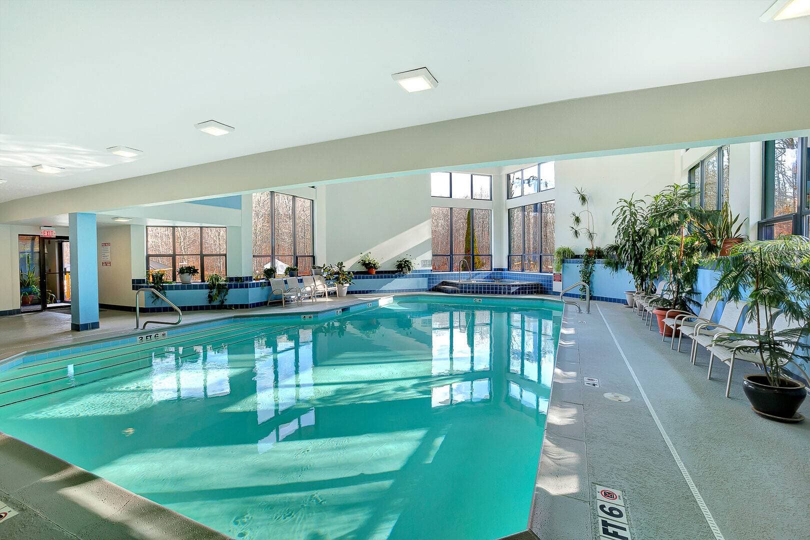 Guests enjoy access to the complex's bright, heated indoor pool during the winter season. Surrounded by windows and natural light, it's the perfect spot to relax after skiing or exploring Killington. Closed in summer.