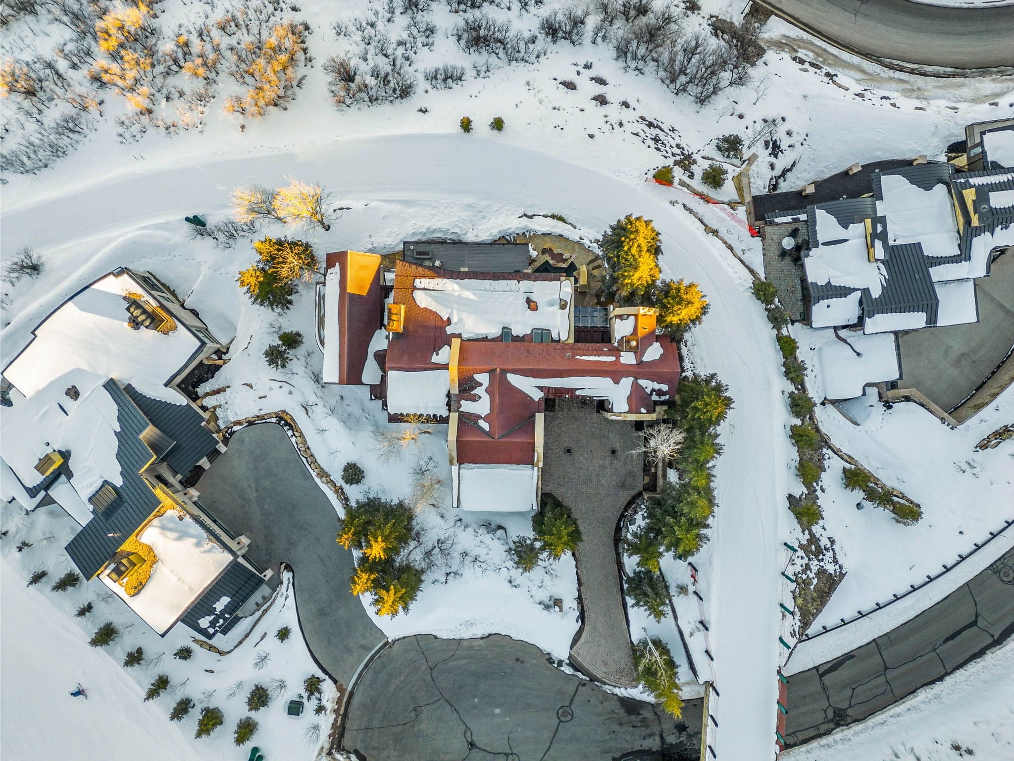 A top-down view of the property, showing the roads that surround the home.