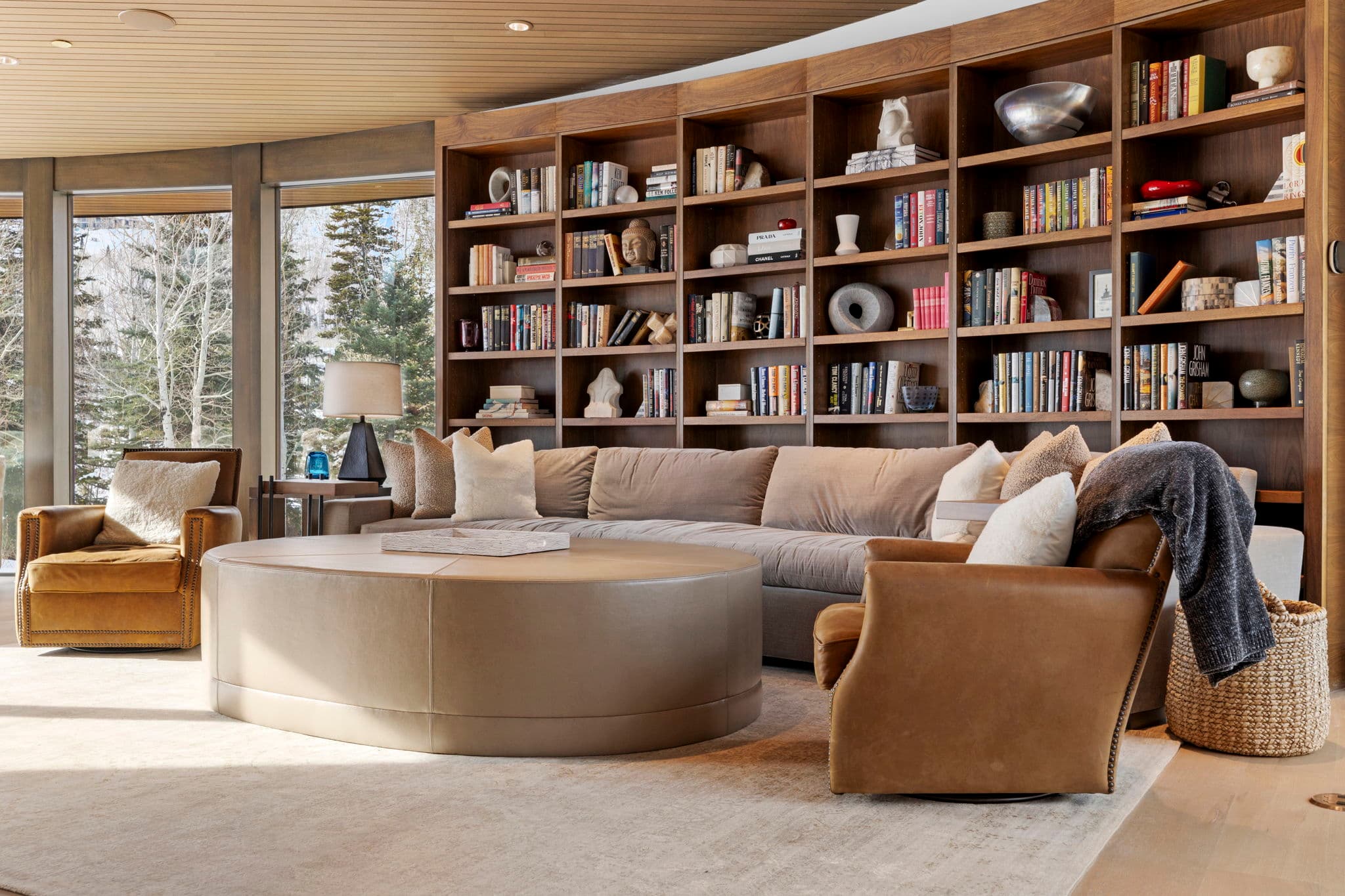 A living space with a large book case and modern furnishings.