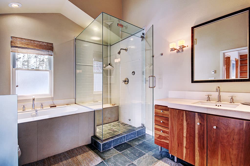 Main level private bath with walk-in steam shower, bathtub and 1 sink - 10 Southface -Breckenridge Vacation Rental